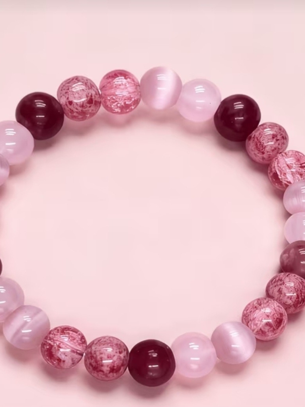 Handmade Pink & Purple Beaded Stretch Bracelet — Mixed Quartz & Cat's Eye - Picture 5 of 5